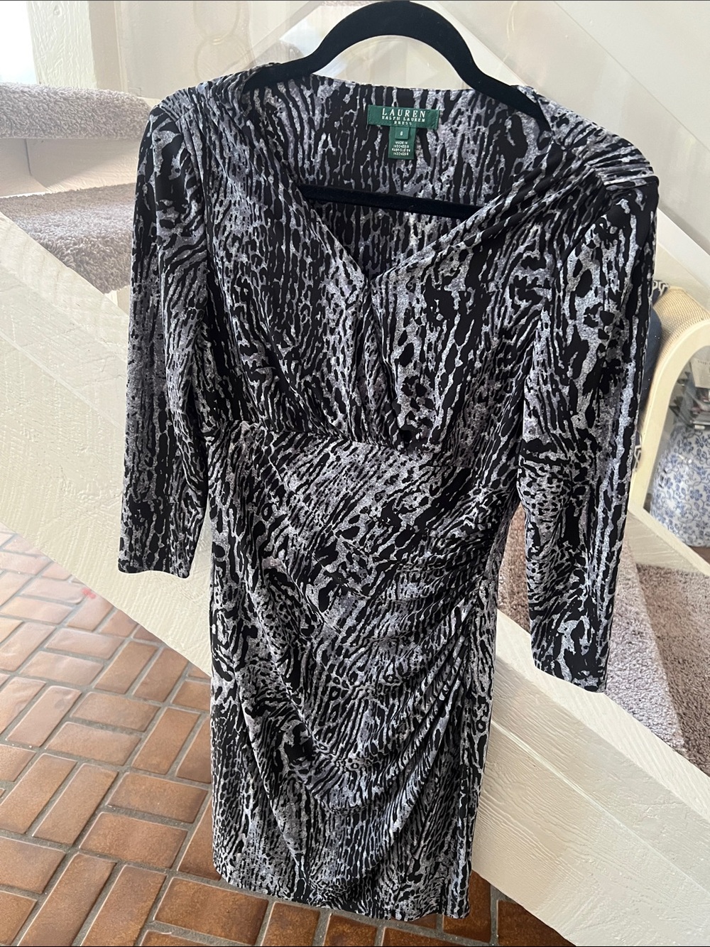 Lauren Ralph Lauren Black and Silver Animal-Print Ruched Midi Dress